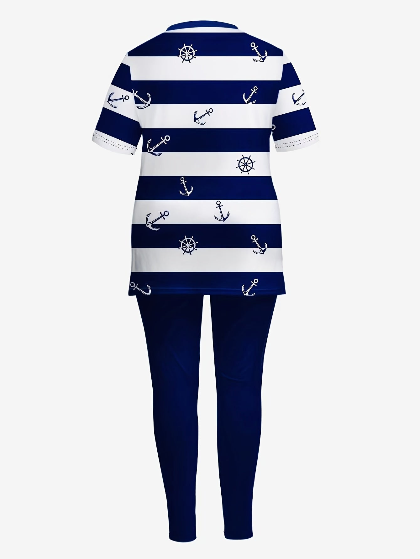 Women'S Casual 2pcs Set, Nautical Striped & Anchor Print, Short Sleeve Top with Side Slit & Skinny Pants, Crew Neck Knit Polyester 95% Elastane 5% Fabric, Spring/Summer Vacation Style Outfit